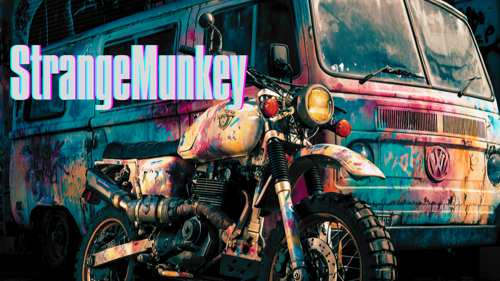 StrangeMunkey artwork — a painted motorcycle in front of a camper van